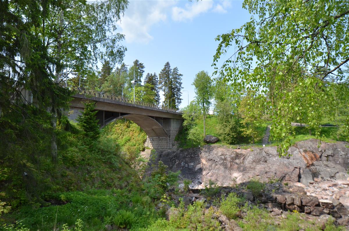 Kruununpuistoa ja koskiuomaa Patopuistosta luodetta kohti kuvattuna. Vasemmalla Koskisilta, oikealla ylhäällä Keskuspuisto.&nbsp;(Päivi Makkonen&nbsp;2025)